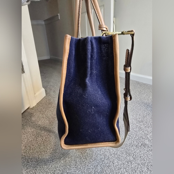 Michael Kors Mercer Large Canvas Leather Concertible Tote Navy Cream Tan - Picture 7 of 16